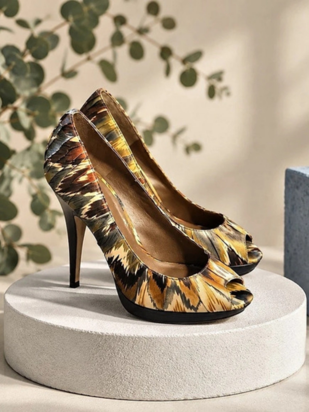 ALDO Abstract Print Heels in Brown & Yellow EU 39